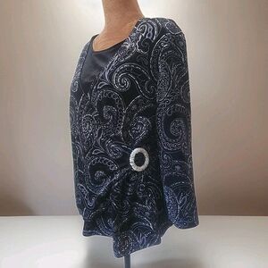 Notations Top Black Silver Velvet Sparkles Surplice Size M Paisley Print Layered